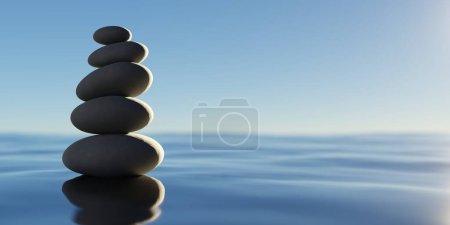 Stos czarnych kamyków w równowadze na powierzchni niebieskiej wody z tłem nieba, zen, spa, joga lub koncepcja medytacji, ilustracja 3D