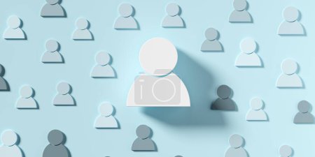 Photo for Figure in center standing out from group of smaller figures on blue background, different, uniqueness or inclusivity business concept, standing out from the crowd, teamlead, 3D illustration - Royalty Free Image