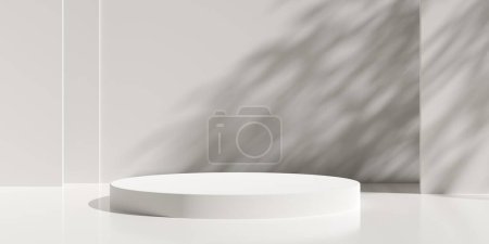 Vaciado, en blanco, podio redondo o estrado en fondo de sala marrón pastel con sombra de árbol y doble pared, plantilla de colocación de producto o diseño, ilustración 3D