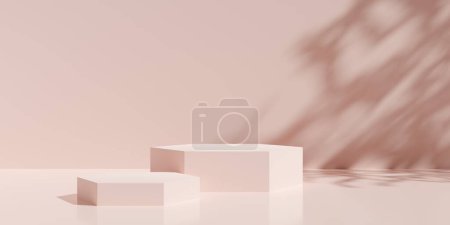 Photo for Two empty, blank, hexagon podium or dais in pastel pink room background with tree shadow, product or design placement template, 3D illustration - Royalty Free Image