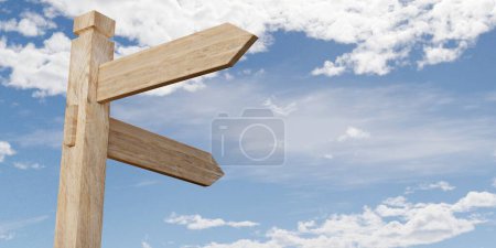 Photo for Two empty, blank wooden arrow signs pointing in different directions, wooden board direction signs template isolated on blue sky background with white clouds, 3D illustration - Royalty Free Image