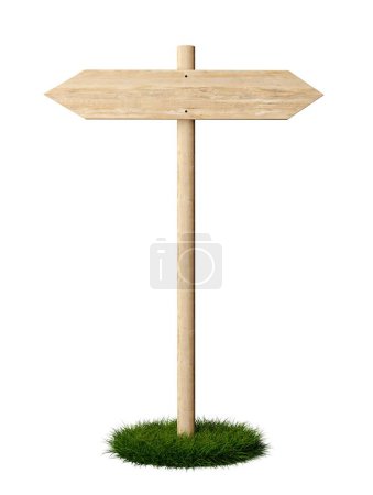 Photo for Double sided empty, blank wooden arrow signs on green grass patch with room for text, wooden board direction signs template isolated on white background, 3D illustration - Royalty Free Image