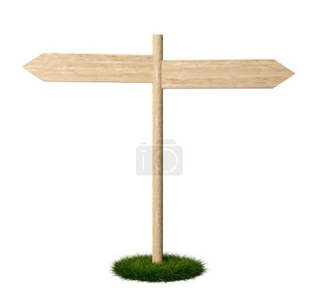 Photo for Two empty, blank wooden arrow signs on green grass patch pointing in different directions, wooden board direction signs template isolated on white background, 3D illustration - Royalty Free Image