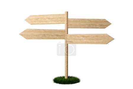 Photo for Four empty, blank wooden arrow signs on green grass patch pointing in different directions, wooden board direction signs template isolated on white background, 3D illustration - Royalty Free Image
