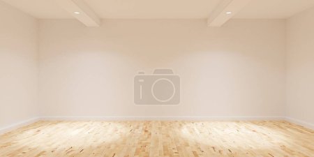 Téléchargez les photos : Chambre intérieure vide moderne avec fond de murs blancs, projecteurs au sol et au plafond, modèle de design d'architecture intérieure avec espace de copie, illustration 3D - en image libre de droit