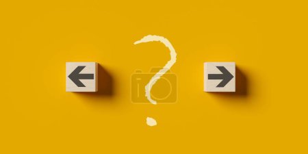 Photo for Left and right arrows on wood cubes with question mark in the middle, abstract decision or direction business strategy concept, flat lay top view from above on yellow background, 3D illustration - Royalty Free Image