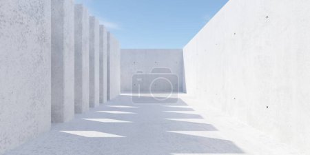 Foto de Abstracto edificio de hormigón vacío y moderno con aberturas de pared, suelo rugoso y cielo azul plantilla de fondo industrial, ilustración 3D - Imagen libre de derechos