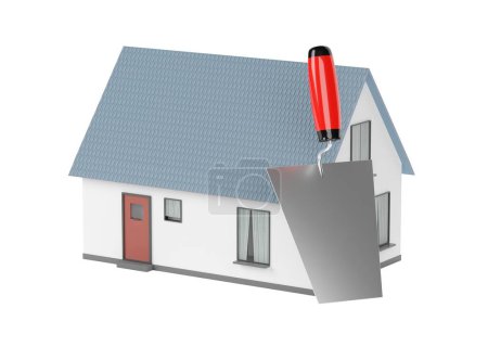Foto de Modelo de casa en miniatura con paleta sobre fondo blanco, construcción o mampostería o concepto de industria, ilustración 3D - Imagen libre de derechos