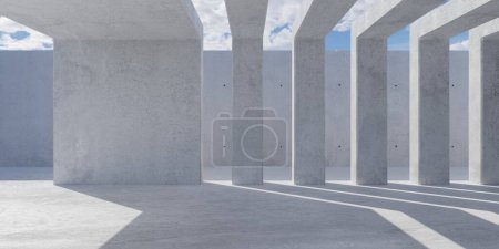Foto de Sala de hormigón moderna y vacía abstracta con paredes divisorias, suelo rugoso y patio exterior plantilla de fondo interior industrial, ilustración 3D - Imagen libre de derechos