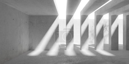 Foto de Sala de hormigón moderna y vacía abstracta con aberturas de pared, suelo áspero y patio exterior plantilla de fondo interior industrial, ilustración 3D - Imagen libre de derechos