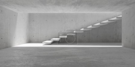 Foto de Sala de hormigón moderna y vacía abstracta con escalera en la parte posterior con escalones de hormigón y suelo rugoso - plantilla de fondo interior industrial, ilustración 3D - Imagen libre de derechos