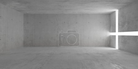 Foto de Sala de hormigón moderna y vacía abstracta con rayas de luz en forma de cruz en la pared derecha y suelo rugoso - plantilla de fondo interior industrial, ilustración 3D - Imagen libre de derechos