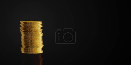 Foto de Montones de monedas de oro sobre fondo negro oscuro, riqueza, ahorro o concepto de finanzas con espacio de copia, ilustración 3D - Imagen libre de derechos