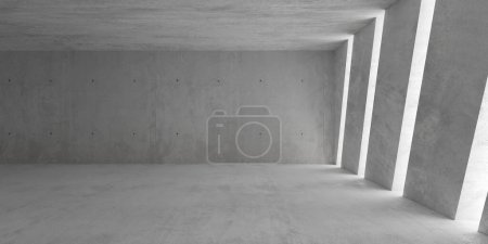 Foto de Sala de hormigón moderna y vacía abstracta con aberturas diagonales de rayas de luz en la pared, pilar y suelo rugoso - plantilla de fondo interior industrial, ilustración 3D - Imagen libre de derechos
