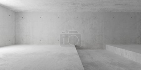Foto de Sala de hormigón moderna y vacía abstracta con ranura amplia o zanja en el suelo y luz suave plantilla de fondo interior industrial, ilustración 3D - Imagen libre de derechos
