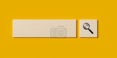 Foto de Icono de lupa en bloque de madera ingenio barra de texto vacía sobre fondo amarillo, concepto de búsqueda en Internet, ilustración 3D - Imagen libre de derechos