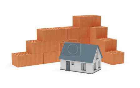 Foto de Montón acorralado de piedras de ladrillo rojo y modelo de casa en miniatura sobre fondo blanco, construcción, comercio de edificios o concepto de industria de mampostería, ilustración 3D - Imagen libre de derechos