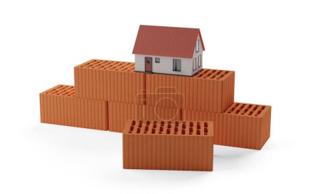 Foto de Montón de piedras de ladrillo rojo con la casa en miniatura modelo en la parte superior sobre fondo blanco, construcción o mampostería o concepto de la industria, ilustración 3D - Imagen libre de derechos