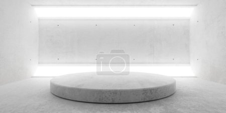 Foto de Sala de hormigón moderna abstracta con gran luz en la parte superior e inferior, podio, plataforma o estrado y piso áspero plantilla de fondo interior industrial, ilustración 3D - Imagen libre de derechos