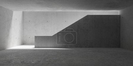 Foto de Sala de hormigón moderna y vacía abstracta con escaleras en la parte posterior y suelo áspero plantilla de fondo interior industrial, ilustración 3D - Imagen libre de derechos