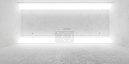 Foto de Sala de hormigón moderna y vacía abstracta con luz de área en ángulo en la parte superior e inferior y piso áspero - plantilla de fondo interior industrial, ilustración 3D - Imagen libre de derechos