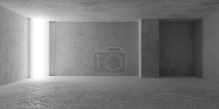 Foto de Sala de hormigón moderna y vacía abstracta con luz de área en ángulo en la esquina, pilar y suelo rugoso - plantilla de fondo interior industrial, ilustración 3D - Imagen libre de derechos