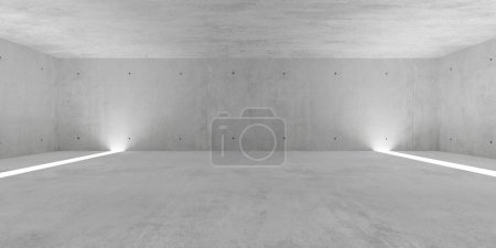 Foto de Sala de hormigón moderna y vacía abstracta con dos franjas de luz verticales en el suelo que brillan y piso áspero plantilla de fondo interior industrial, ilustración 3D - Imagen libre de derechos