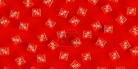 Foto de Cubos o dados rojos con el símbolo del signo del porcentaje que pone en el fondo rojo, venta, descuento o concepto de la reducción del precio de venta, vista superior de la puesta plana de arriba, ilustración 3D - Imagen libre de derechos