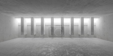 Foto de Sala de hormigón moderna y vacía abstracta con luz de área detrás de vigas de techo y suelo rugoso plantilla de fondo interior industrial, ilustración 3D - Imagen libre de derechos
