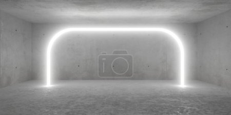 Foto de Sala de hormigón moderna y vacía abstracta con marco de luz tubular y suelo rugoso plantilla de fondo interior industrial, ilustración 3D - Imagen libre de derechos