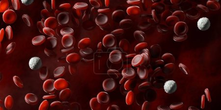 Photo for Flat view of red and white blood cells or corpuscles (erythrocytes and leukocytes) in human vein or artery close up macro, medical or biology science concept, 3D illustration - Royalty Free Image