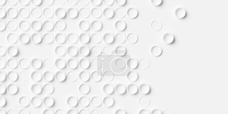 Foto de Array o rejilla de anillos circulares blancos compensados aleatoriamente fondo patrón de banner de papel pintado con espacio de copia, ilustración 3D - Imagen libre de derechos