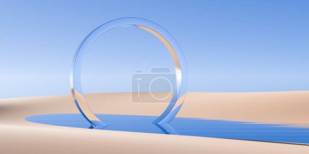 Téléchargez les photos : Objet en anneau rétro chromé dans un paysage désertique abstrait surréaliste avec fond de lac et ciel bleu, concept de fantaisie primitive géométrique, illustration 3D - en image libre de droit