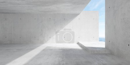 Foto de Sala de hormigón moderna y vacía abstracta con extensión de pared lateral y apertura con vista al mar y suelo áspero plantilla de fondo interior industrial, ilustración 3D - Imagen libre de derechos