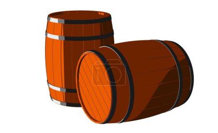 Foto de Dos dibujos animados o toneles dibujando vino de madera o barriles de whisky, barriles o barriles con aros de metal de pie y acostado sobre fondo blanco, ilustración 3D - Imagen libre de derechos