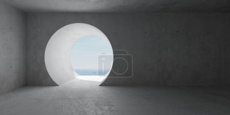 Foto de Sala de hormigón moderna y vacía abstracta con gran abertura redonda en la pared trasera y vista al mar - plantilla de fondo interior industrial, ilustración 3D - Imagen libre de derechos