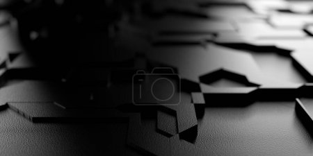 Téléchargez les photos : Moderne minimaliste fond de motif de technologie géométrique noire avec mise au point sélective, illustration 3D - en image libre de droit