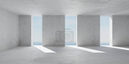 Foto de Sala de hormigón moderna y vacía abstracta con pared trasera dividida, suelo áspero y vista al mar - plantilla de fondo interior industrial, ilustración 3D - Imagen libre de derechos