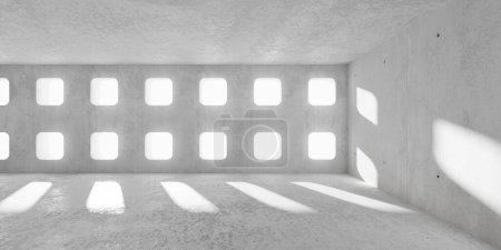 Foto de Sala de hormigón moderna y vacía abstracta con aberturas cuadradas redondeadas pared trasera y suelo rugoso plantilla de fondo interior industrial, ilustración 3D - Imagen libre de derechos