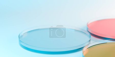 Foto de Tres placas de Petri con geles de diferentes colores en laboratorio, medicina, biología o biotecnología fondo concepto de investigación científica con espacio de copia, enfoque selectivo, ilustración 3D - Imagen libre de derechos