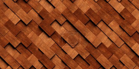 Foto de Primer plano de bloques de rectángulo de madera diagonales desplazados aleatoriamente textura de fondo de superficie o plantilla de papel pintado de madera dura, ilustración 3D - Imagen libre de derechos