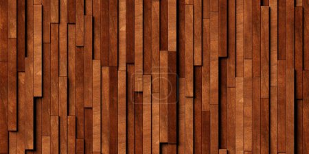 Foto de Primer plano de desplazamiento aleatorio desplazamiento vertical madera largo rectángulo delgado bloques superficie fondo textura o plantilla de papel pintado de madera, ilustración 3D - Imagen libre de derechos
