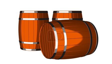 Téléchargez les photos : Trois dessins animés ou toons dessinant des tonneaux de vin ou de whisky en bois, des fûts ou des fûts attenant et couchés devant sur fond blanc, illustration 3D - en image libre de droit
