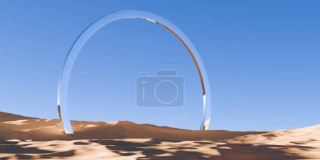 Téléchargez les photos : Objet de portail en anneau rétro chromé dans un paysage désertique abstrait surréaliste avec fond bleu ciel, concept géométrique primitif fantaisie, illustration 3D - en image libre de droit