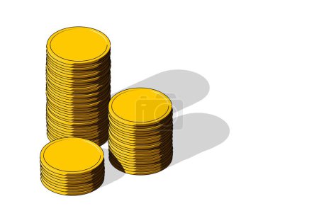 Foto de Ilustración de dibujos animados de múltiples pilas de monedas de oro sobre fondo blanco, riqueza, ahorro o concepto de finanzas, ilustración 3D - Imagen libre de derechos
