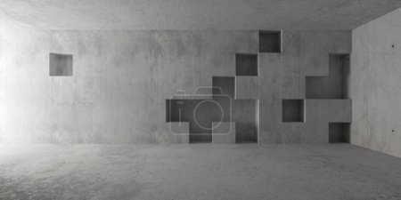 Foto de Sala de hormigón moderna y vacía abstracta con huecos cuadrados en la pared trasera y suelo rugoso - plantilla de fondo interior industrial, ilustración 3D - Imagen libre de derechos