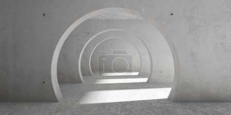Foto de Sala de hormigón moderna y vacía abstracta con hilera de aberturas redondas de marco de puerta circular y suelo rugoso - plantilla de fondo interior industrial, ilustración 3D - Imagen libre de derechos