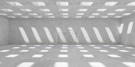 Téléchargez les photos : Abstrait vide, salle en béton moderne avec des ouvertures carrées arrondies dans le plafond et le sol rugueux - modèle de fond intérieur industriel, illustration 3D - en image libre de droit