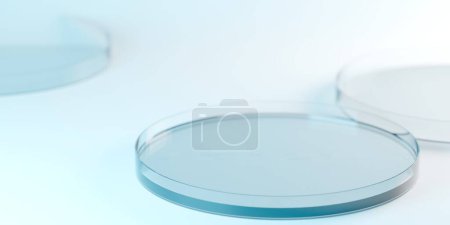Foto de Placas de Petri sobre mesa en laboratorio, medicina, biología o biotecnología fondo concepto de investigación científica con espacio de copia, enfoque selectivo, ilustración 3D - Imagen libre de derechos