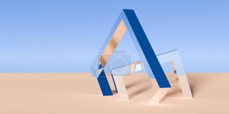 Téléchargez les photos : Deux objets de cadre carré rétro chromé dans un paysage désertique abstrait surréaliste avec fond bleu ciel, concept géométrique primitif fantaisie avec espace de copie, illustration 3D - en image libre de droit